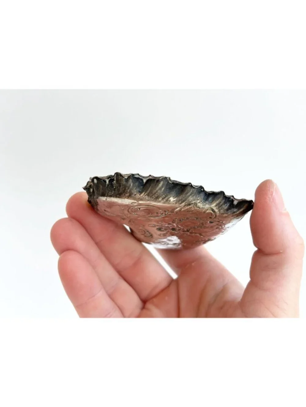 RARE Repousse Cherub Floral Vintage Sterling Silver Heart Shaped Scalloped Dish